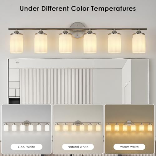 Image of Jonsi Nickel Bathroom Light Fixtures 6-Light Vanity Lights Modern Wall Sconce with Milk White Shade Brushed Nickel Bathroom Light Fixture Over Mirror for Bedroom Hallway Kitchen
