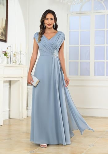 Modest Mother of The Bride Dresses for Women V Neck Cap Sleeve A Line Corset Back Appliqued Long Formal Gown3