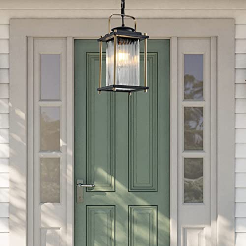 Gaazie Outdoor Hanging Porch Light Waterproof Black And Gold Outdoor Pendant Lights Outdoor Chandelier With Striped Glass For Porch Entryway And Front Door. #TOP4