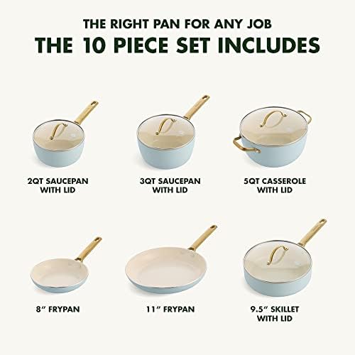 GreenPan Reserve Hard Anodized Healthy Ceramic Nonstick, 10 Piece Cookware Pots and Pans Set, PFAS-Free, Gold Handle, Oven Safe, Light Blue