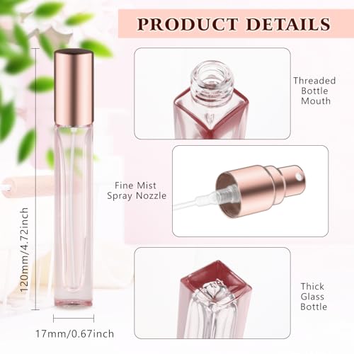 12 Pack 10 ml/0.3oz Pink Glass Spray Bottles Refillable Empty Perfume Bottles Travel Fine Mist Spray Bottles Sample Containers Atomizer For Perfume Essential Oils Liquid (square bottle)2