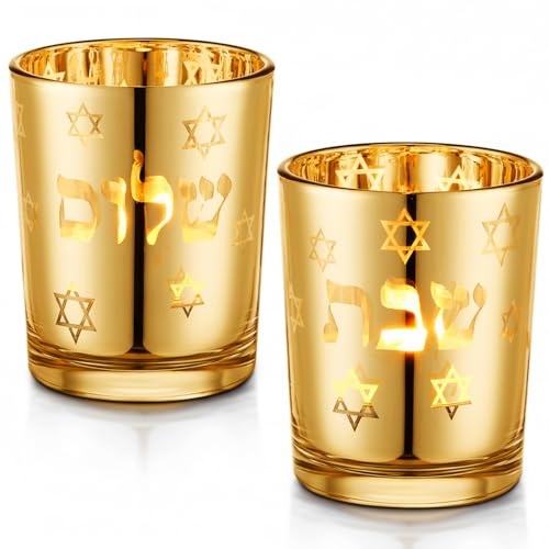 Honeydak Set of 2 Shabbat Candles Holders Gold Jewish Judaica Gift Set Electroplated Glass Modern Shabbat Candlestick Holders for Tea Lights Hanukkah Gifts
