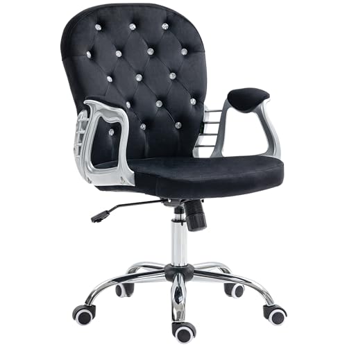 Vinsetto Velvet Home Office Chair, Button Tufted Desk Chair with Padded Armrests, Adjustable Height and Swivel Wheels, Black