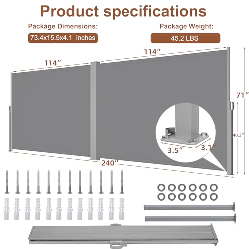 MEETWARM Double Retractable Side Awning, Folding Side Screen Awning Patio Sun Shade Wind Privacy Divider, Water&UV Resistant Outdoor Privacy Screen Fence for Garden, Backyard, Balcony, 240\" L x 71” H - Thumbnail 2