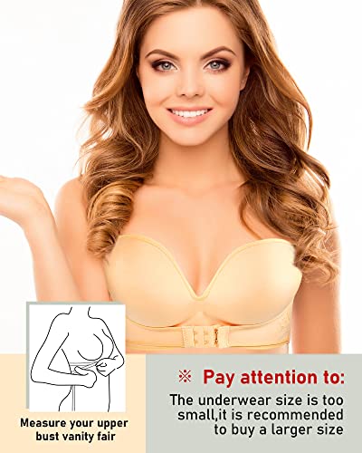 2 Pieces Strapless Pushup Bras Front Buckle Lift Bra Women Upwingsbra Wireless Non-Slip Invisible Front Hook Underwear Bra (Black And Beige,34Ab) #TOP2