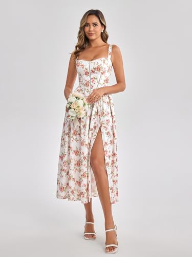 Image of KUTUMAI Floral Corset Midi Dress Flowy Slit Summer Spring Wedding Guest Dresses for Women Sundress with Pockets