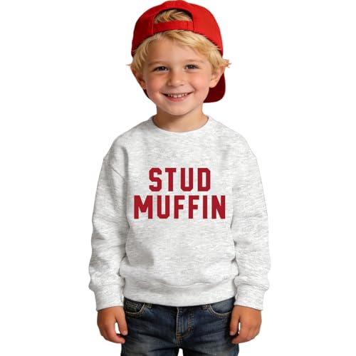 MULOIUDZ Toddler Boys Valentines Sweatshirt STUD MUFFIN Shirts Baby Long Sleeve Crewneck Pullover Tops Spring Clothes(Grey,2-3T)