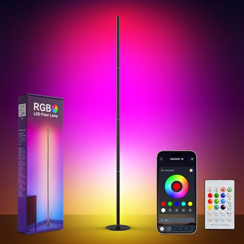 LEACUBER Smart RGBICW LED Corner Floor Lamp with App & Remote Control, 16 Million DIY Colors, Music Sync, Modern Color-Changing Ambient Lighting Standing Lamps for Living Room, Bedroom, Gaming Rooms