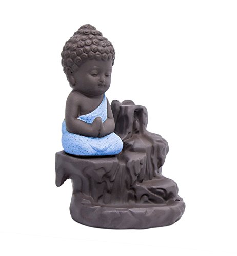 Image of CRAFTAM Meditating Monk Buddha Smoke Backflow Fountain Cone Incense Holder Decorative Showpiece with Free 10 Smoke Backflow Scented Cone Incense (Blue)