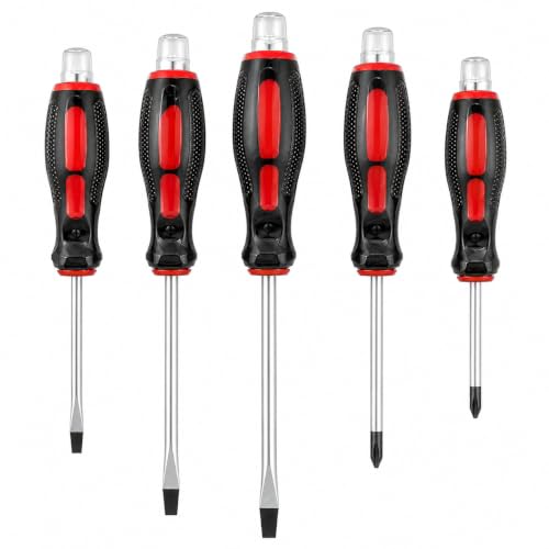 Image of 5-Piece Go-Through Bolster Screwdriver Set | Chrome Vanadium Blades | Magnetic Tips | Anti-Slip Handles | Extra Torque