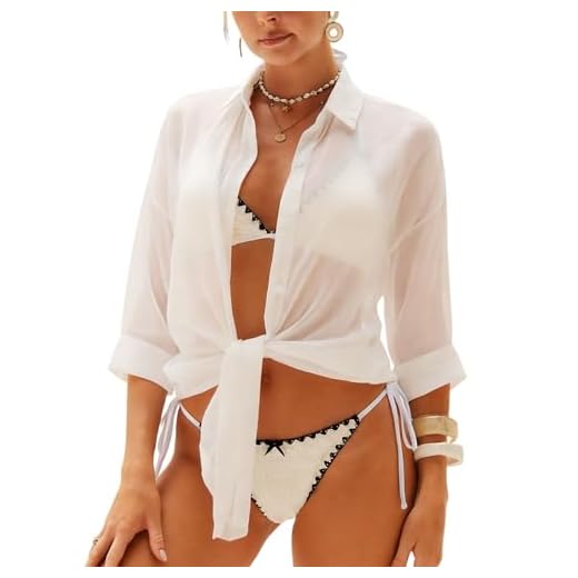 ZAFUL Women's Bikini Swimwear Cover Up Semi-Sheer V Neck Button Up Top Shirt Blouse Beachwear White