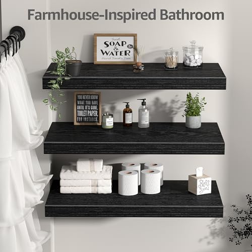 Image of QEEIG 12 inch Deep Floating Shelves for Wall - 12 x 24 inch Book Shelf Bathroom Bedroom Kitchen Living Room Hanging Bookshelf Farmhouse Set of 3, Black (026-60B3)