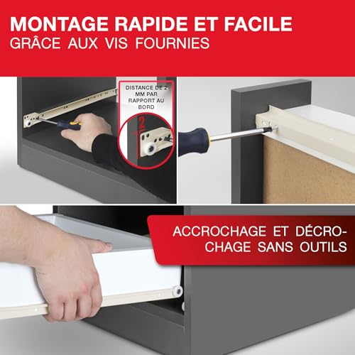 LouMaxx coulisse tiroir 350 mm – Lot de 2 rail tiroir coulissant en acier blanc avec vis de montage, glissiere pour tiroir à sortie partielle, charge 20 kg – montage facile et fluide – vue 2