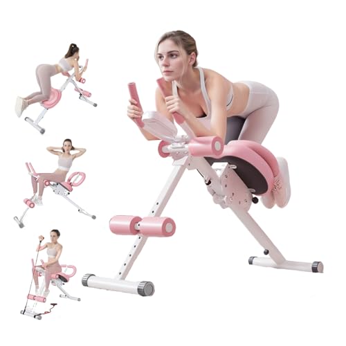 Ab Machine, Ab Workout Equipment, 5 Levels Adjustable Ab Trainer Machine with LCD Display, Foldable Core Workout Equipment for Home Gym, Full Body Workouts Abdominal Exercise Machines Pink
