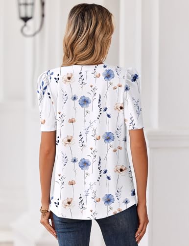 Image of Zeagoo Women Blouses Puff Short Sleeve Tops V Neck Dressy Casual Spring Shirts Boho Floral Cute Clothes 2026