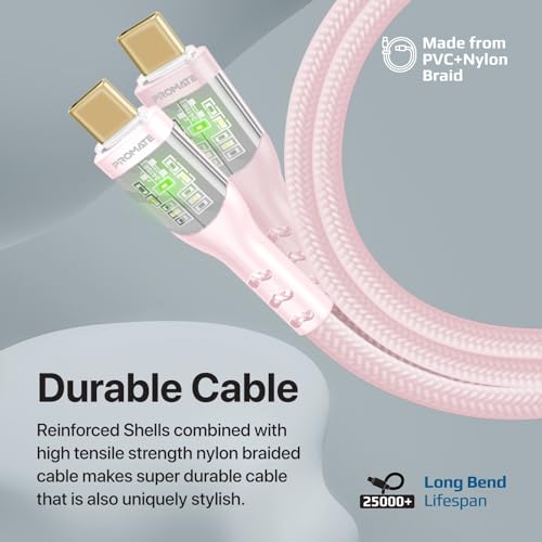 Image of Promate USB-C to USB-C Cable, Premium 60W Power Delivery Type-C Cable with Transparent Shells, 480Mbps Data Sync and 120cm Nylon Braided Cord for Galaxy S22, iPad Air, TransLine-CC-Pink