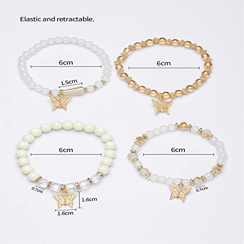 4Pcs Set Bohemian Butterfly Crystal Stone Stretch Pendant Bracelets for Women Gold Beaded Stackable Stretch Bracelet Colorful Charm Jewelry Boho Summer Beach2