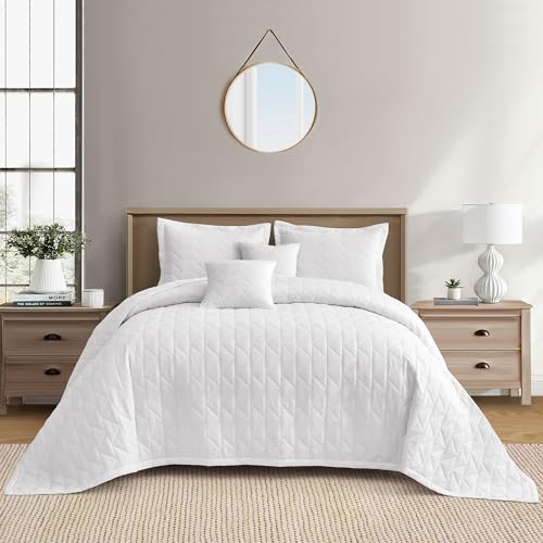 Image of Oversized King Bedspread, Geometric Diamond Stitched Quilt Set King /Cal King, Lightweight Reversible Coverlet, Straight Edge - Clean Modern Look, 5 Piece, Pure White