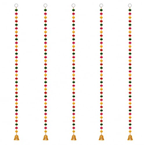 Image of Bindian Multicolor Pom Pom Beads & Golden Bell Toran for Main Door, Pack of 5 Door Hanging Decorative Items, Home Decor Wall Hanging Decoration, Pooja Room Decor, Festival Decoration