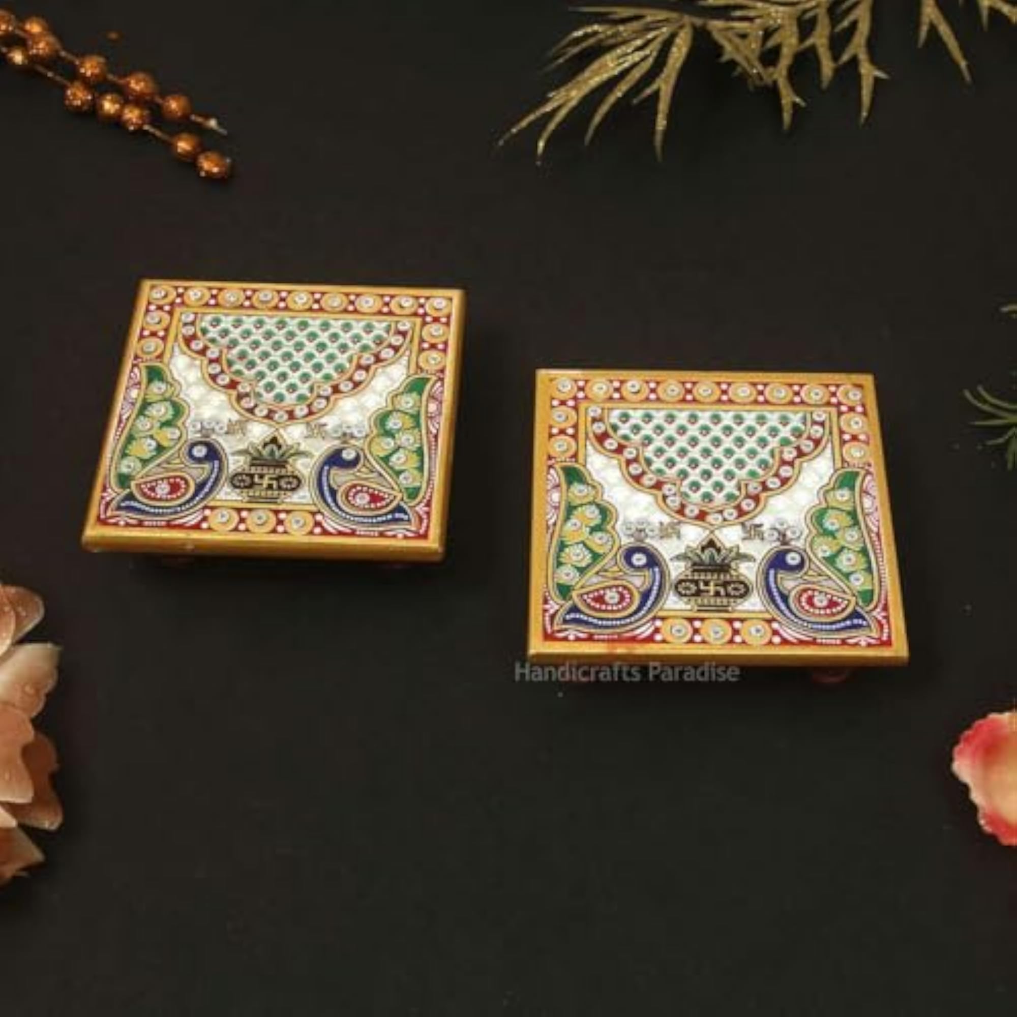 Handmade Marble Chowki with Peacock Kalash Design, 4 x 4 Inch