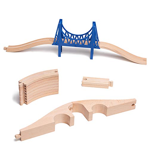 umu Wooden Train Set Railroad Track for Kids, Compatible to Thomas Train Toys Railway and Major Brands, Includes 8 Magnetic Rail Cargo Cars & 12 Tracks & 2 Bridges for 3+ Year Old Boys and Girls
