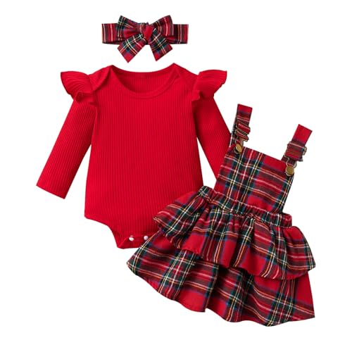 LUVCES Conjunto Ropa Bebé Niñas Manga Larga con Volantes Canalé Top + Falda A Cuadros Monos Vestido Con Tirantes 2 Piezas Trajes de Navidad Otoño Invierno Rojo Plaid 3-6 Meses