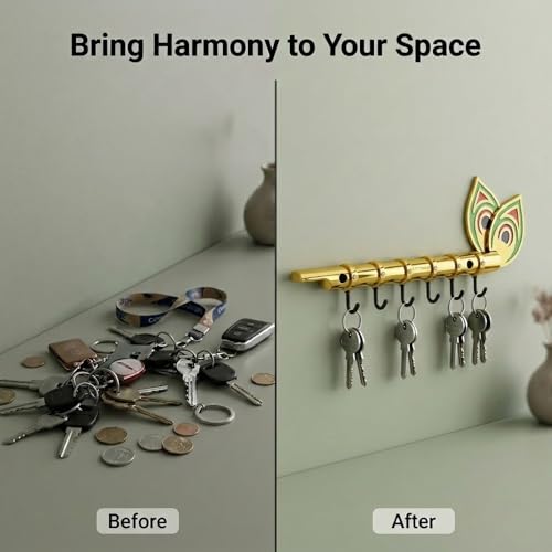 Image of Big Brass Antique Krishna Flute for Key Holder /Key Stand /Keys Hanger Hook /Key Holders for Wall Stylish /Keys Rack Hook /Key Hanging Hooks - Home Decor, Wall Mount - 6 Hooks (Gold)