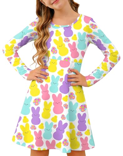 Image of Ithalt Girls Easter Dress Bunny Print Shirts Easter Long Sleeve Dresses Litter Girls Christian Easter Gifts 5-12y