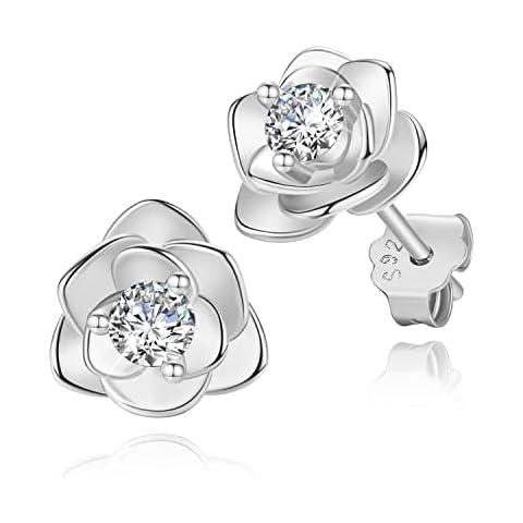White Gold Plated Rose Flower Stud Earrings for Women Gift Cover