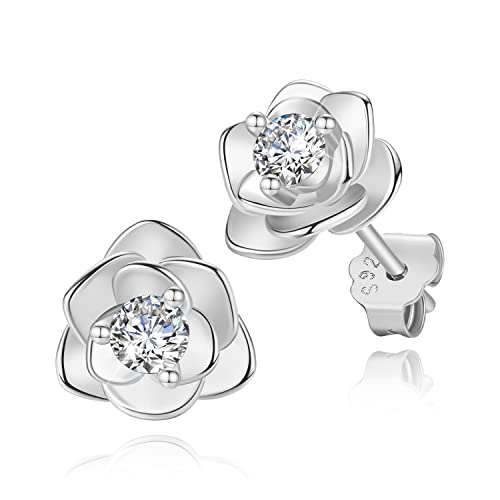 14K Gold Plated 925 Sterling Silver Post Cubic Zirconia Rose Flower Stud Earrings for Women | Hypoallergenic & Nickel Free Earrings for Women
