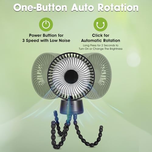 POPERFUN 50H Portable Stroller Fan, 15000mAh Ultra-Long Battery Powered Rechargeable Personal Fans, Tripod Clip Fan with Auto Rotation，3 Speed Desk Handheld Cooling for Travel Car Seat Bedroom - View 6