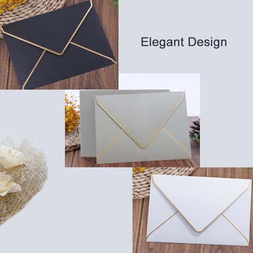 10 Pack Gold Edge Envelope Card Envelopes with V Flap Gold Foil Border Elegant Envelope for Wedding Party Gift Cards Invitations (Black)