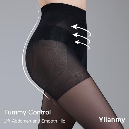 Yilanmy 2 Pairs Tummy Control Pantyhose for Women, 40D Sheer Tights Control Top Pantyhose Shaping Nylon Stockings High Waist3