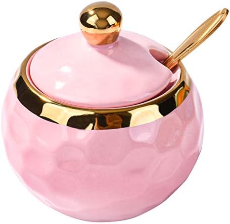 BOSILI Ceramic Sugar Bowl, Golf Shaped, Ceramic Sugar Bowl with Lid and Golden Spoon for Home and Kitchen (Pink)