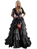 Mollyevers Long Tiered Ruffle Prom Dress 2025 Puffy Tulle Black Formal Dresses with Slit Size 14