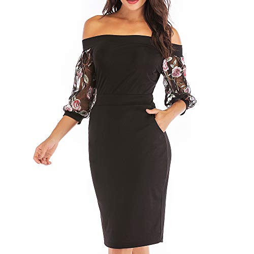 Zshujun Women's Casual Slash Neck 3/4 Lace Sleeve Spring And Summer Sheath Pencil Dresses Work Business Club Bodycon Knee-Length Plus Dress A2397 (Black, S) #TOP3