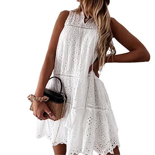 Aststle Damen Casual Elegant Floral Lace Maxi Strandkleid Sexy V Ausschnitt Ärmellos Bohemian Flowy A Line Langes Sommerkleid, D# Weiß, Small Cover