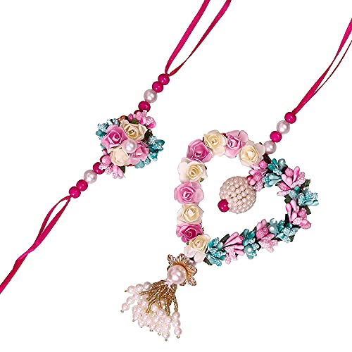 Image of eCraftIndia Diamonds, Pearls Floral Designer Bhaiya Bhabhi Rakhi Set with Roli Chawal Pack - for Brother, Bhaiya, Bhai - Lumba Rakhi for Bhabhi