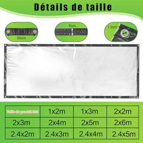 Bache plastique transparente 200 µm haute densité抗UV avec oeillets