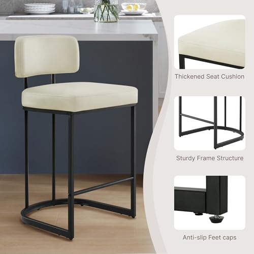 26" H Counter Height Bar Stools Set of 4, Modern Faux Leather Upholstered Barstools with Backrest for Kitchen Island, Black Metal Frames, Cream by KISLOT - Image 2