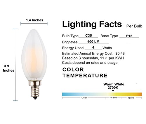 Opalray C35 2W Led Candelabra Bulb, Dimmable, Led Filament Lamp, 2700K Warm White Light, Frosted Glass Cover, E12 Small Base, 25W Incandescent Bulb Equivalent, Torpedo Tip, 3-Pack #TOP2