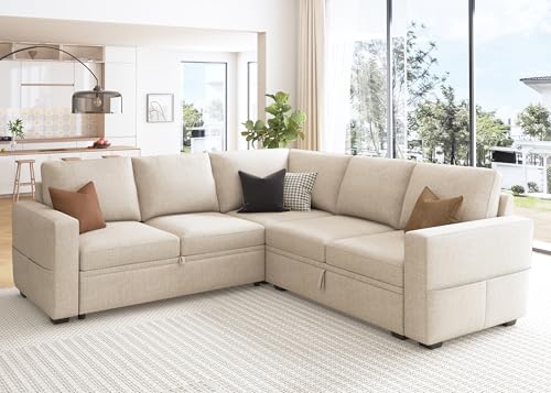 Image of HONBAY Modular Sectional Sleeper Sofa with Pull Out Bed, L Shaped Couch with Storage Seat, Convertible Sectional Couches for Living Room, Beige