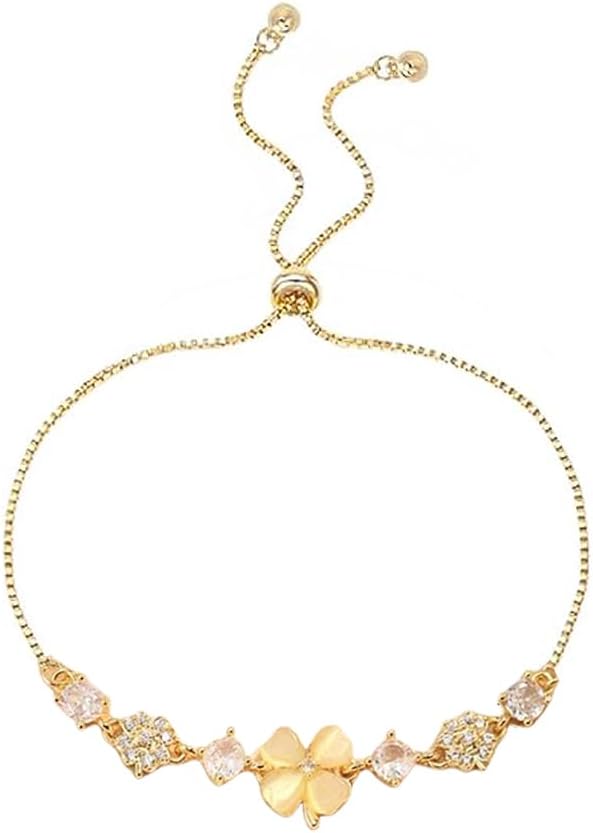 Cat Eye Stone Four-Leaf Clover Bracelet For Women Ladies 18K Gold-Tone Plated Delicate Sparkling Cubic Zirconia Crystal Lucky Flower Link Chain Birthday Graduation Charm Jewelry Gifts For Her Bff Friend