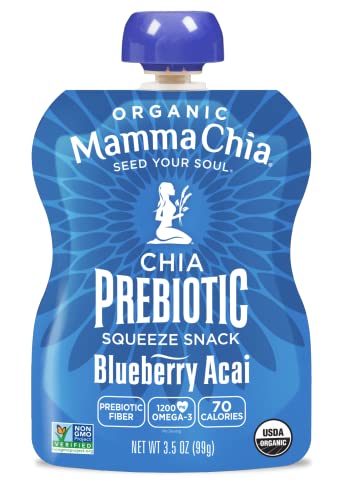 Mamma Chia Organic Prebiotic Squeeze Snack, Blueberry Acai, Fiber-Rich Prebiotic Gut Support, USDA Certified Organic, Non-GMO, Vegan, Gluten Free, 14 Ounce (Pack of 6)