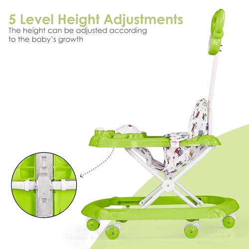 Image of BabyGo Tintin Baby Walker for 6-24 Months, Baby Walker with Push Handle & Activity Tray - Foldable Adjustable Height Infant Walker with Wheels, Music,Toy Bar and Comfotable seat (Green)
