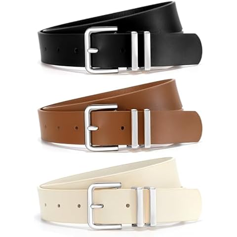 WOWOGO 3 Pack Women Leather Belt for Jeans Dresses Pants Fashion Ladies Waist Belts with Gold Silver Buckle Cover
