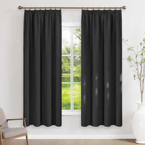 Runyéla Vorhänge Blickdicht mit Kräuselband Thermovorhänge Kälteschutz | 180Hx120Bcm,Schwarz,2er Set,Verdunkelungsvorhänge für Schienensystem,Gardinen für Wohnzimmer,Blackout Curta