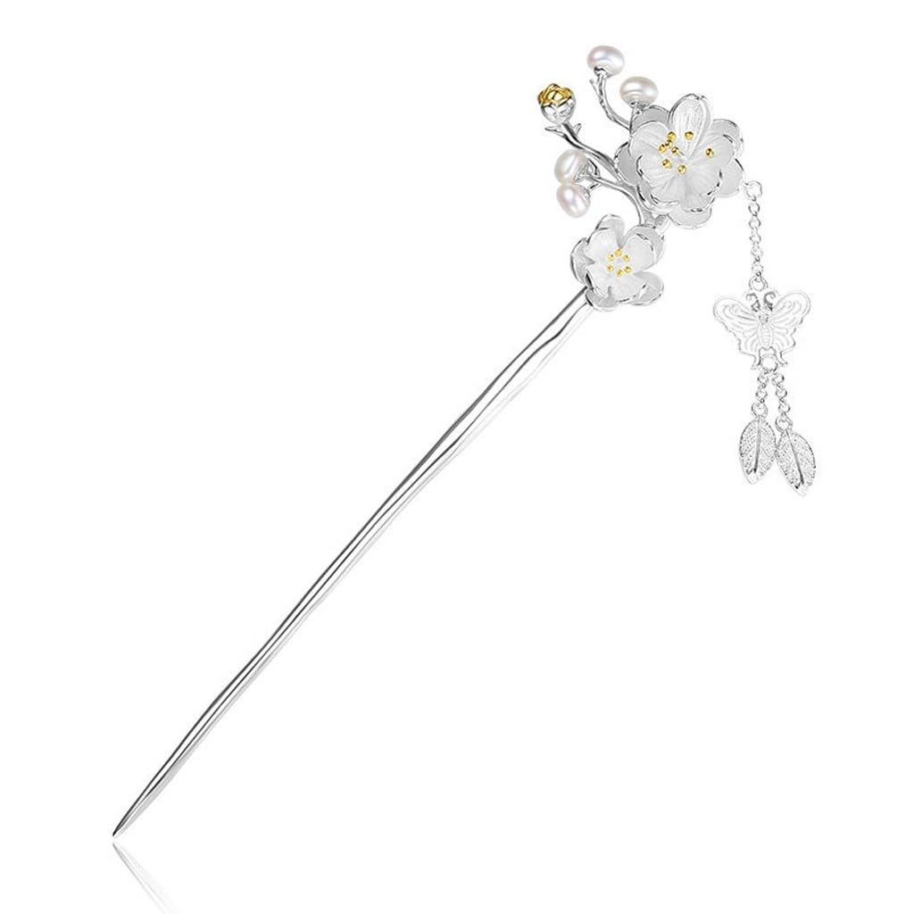 HBJWOV S925 Full Body Silver Peach Blossom Tassel Hairpin Women's Ancient
