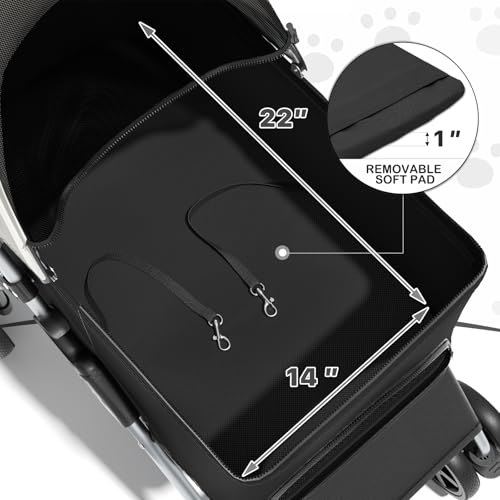 MoNiBloom 3 in 1 Foldable Pet Stroller for Small & Medium Dogs, Detachable Carrier, Car Seat, Push Button Entry, 4-Wheel Jogger for Pets up to 33 lbs, Black - Thumbnail 5