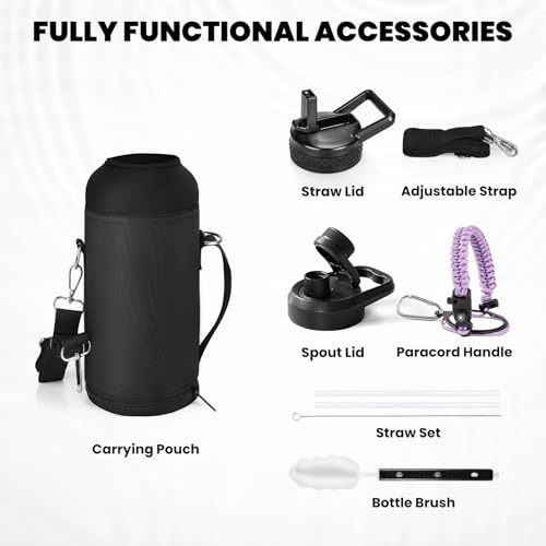 RAYMYLO Insulated Water Bottle 32 oz, Triple Wall Vacuum Stainless Steel (Cold for 24Hrs, Hot for 12Hrs), Leak Proof & Non-BPA, Modern Water Flask Jug with Paracord Handle & Straw Spout Lids